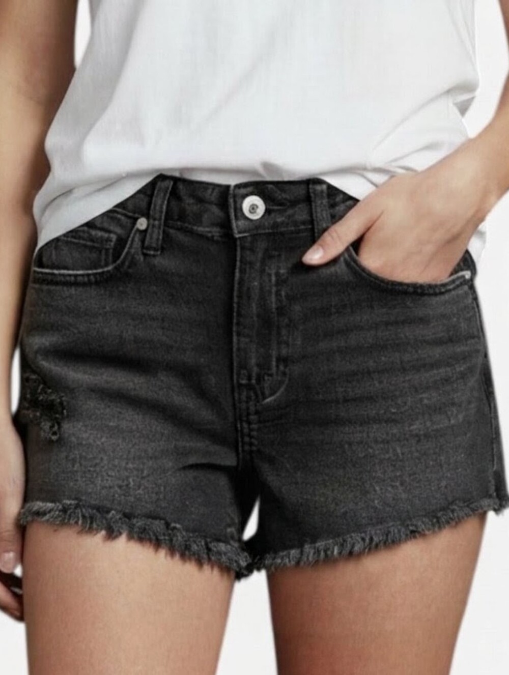 Abound Black Denim Jean Shorts Sz 27 Small Womens Raw Hem High Rise Distressed